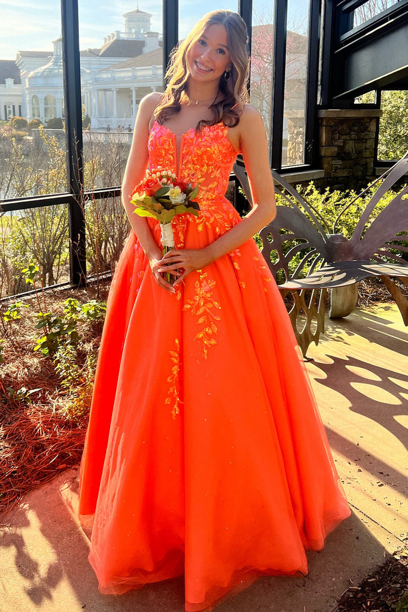 Load image into Gallery viewer, Sparkly Orange Corset Sweetheart A-Line Long Prom Dress with Appliques