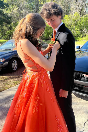 Sparkly Orange Corset Sweetheart A-Line Long Prom Dress with Appliques