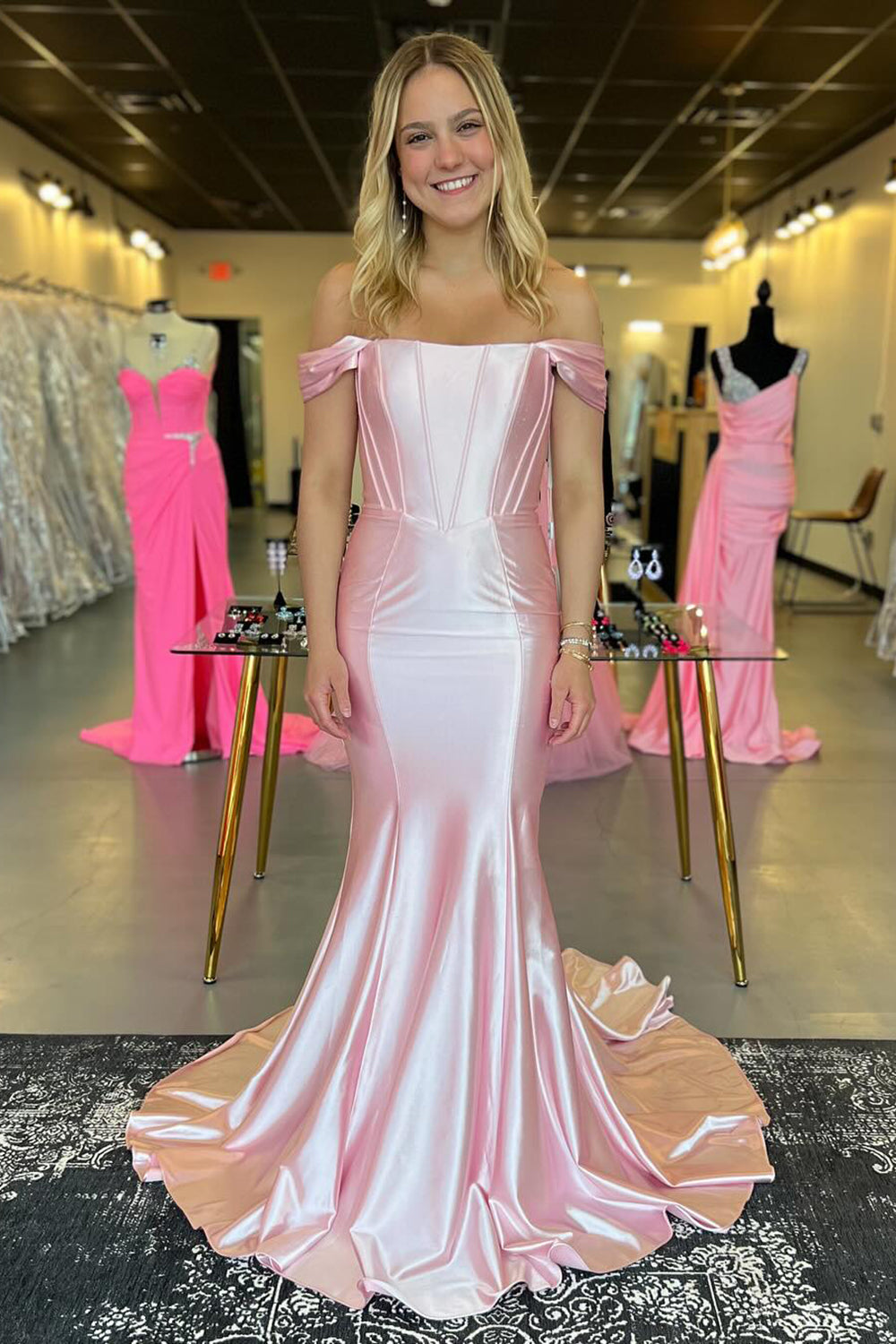 Light Pink Corset Sweep Train Off The Shoulder Long Satin Prom Dress