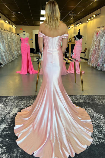 Light Pink Corset Sweep Train Off The Shoulder Long Satin Prom Dress