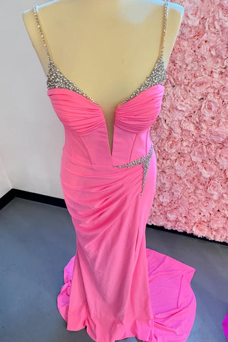 Sparkly Fuchsia Corset Ruched Beaded Long Prom Dress