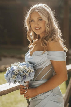 Grey Corset Off The Shoulder Long Satin Prom Dress with Slit