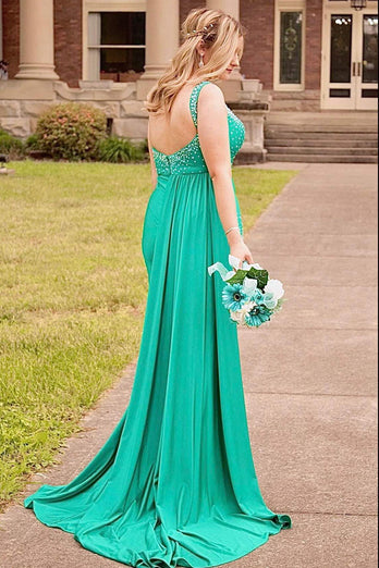 Sparkly Green Spaghetti Straps Long Beaded Satin Prom Dress with Slit