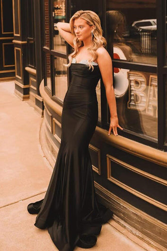 Sparkly Black Mermaid Strapless Long Prom Dress with Beading