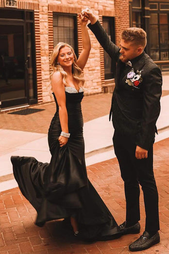 Sparkly Black Mermaid Strapless Long Prom Dress with Beading