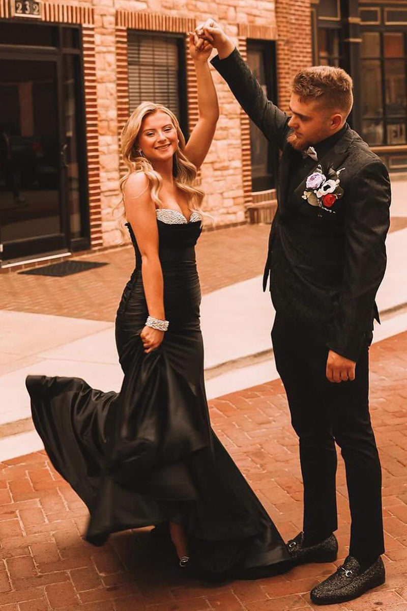 Load image into Gallery viewer, Sparkly Black Mermaid Strapless Long Prom Dress with Beading