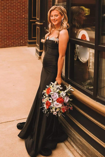 Sparkly Black Mermaid Strapless Long Prom Dress with Beading