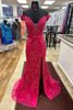 Load image into Gallery viewer, Sparkly Fuchsia Corset Off the Shoulder Appliqued Long Prom Dress with Slit