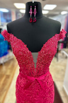 Sparkly Fuchsia Corset Off the Shoulder Appliqued Long Prom Dress with Slit