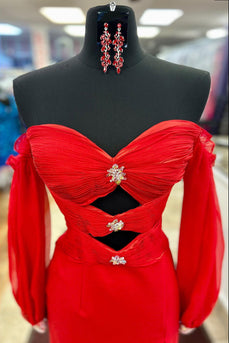 Sparkly Red Off The Shoulder Keyhole Long Prom Dress with Sleeves