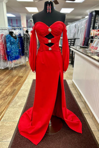 Sparkly Red Off The Shoulder Keyhole Long Prom Dress with Sleeves