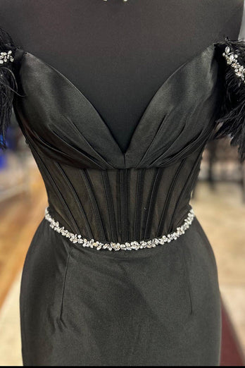 Sparkly Black Corset Long Beaded Prom Dress with Feathers