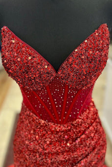 Sparkly Sequined Red Corset Long Prom Dress with Slit