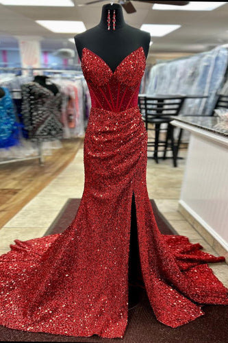 Sparkly Sequined Red Corset Long Prom Dress with Slit