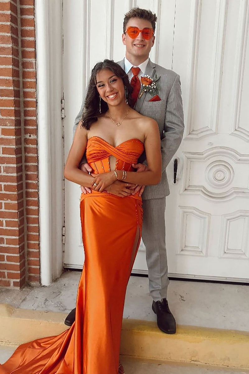 Load image into Gallery viewer, Sparkly Orange Sweetheart Keyhole Mermaid Long Prom Dress