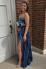 Load image into Gallery viewer, Metallic Navy Sweetheart A Line Corset Pleated Long Prom Dress with Slit