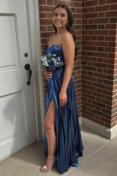 Metallic Navy Sweetheart A Line Corset Pleated Long Prom Dress with Slit