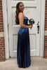 Load image into Gallery viewer, Metallic Navy Sweetheart A Line Corset Pleated Long Prom Dress with Slit