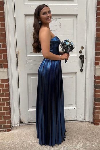 Metallic Navy Sweetheart A Line Corset Pleated Long Prom Dress with Slit