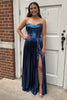 Load image into Gallery viewer, Metallic Navy Sweetheart A Line Corset Pleated Long Prom Dress with Slit