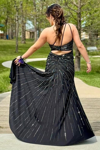 Sparkly Black  One Shoulder Long Beaded Prom Dress with Slit