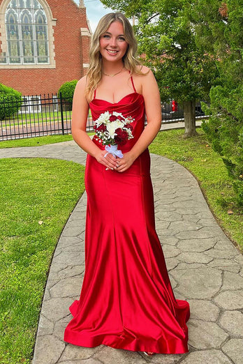 Red Mermaid Spaghetti Straps Long Satin Prom Dress