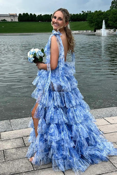 Floral Blue Tiered Tie Strap A-Line Long Prom Dress with Slit