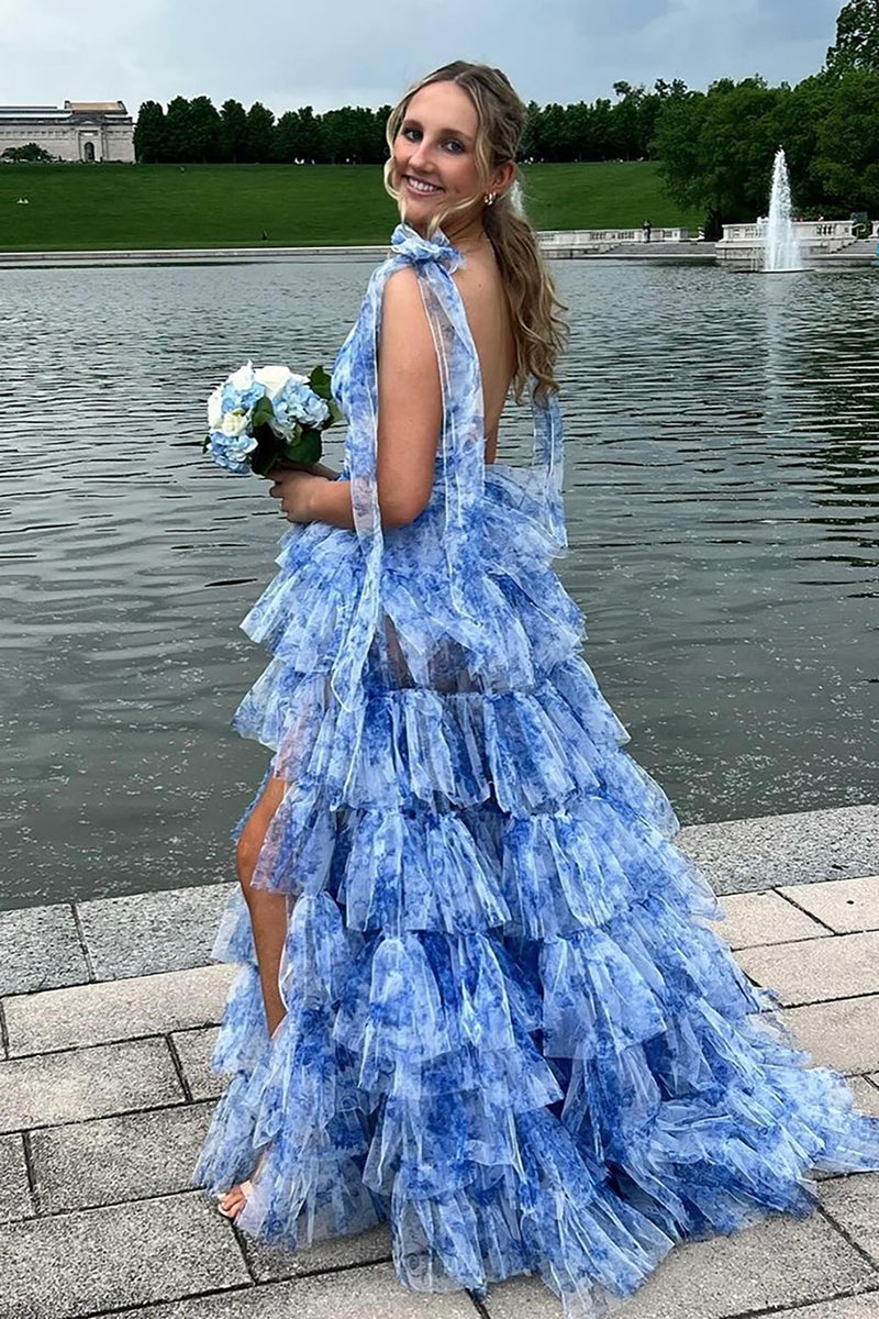 Load image into Gallery viewer, Floral Blue Tiered Tie Strap A-Line Long Prom Dress with Slit