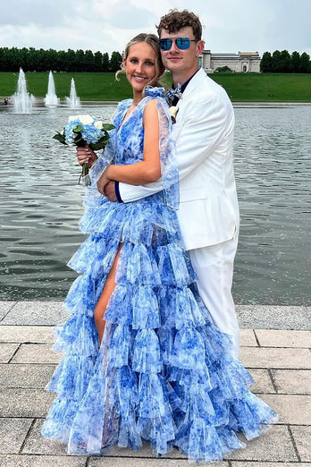 Floral Blue Tiered Tie Strap A-Line Long Prom Dress with Slit