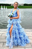 Load image into Gallery viewer, Floral Blue Tiered Tie Strap A-Line Long Prom Dress with Slit