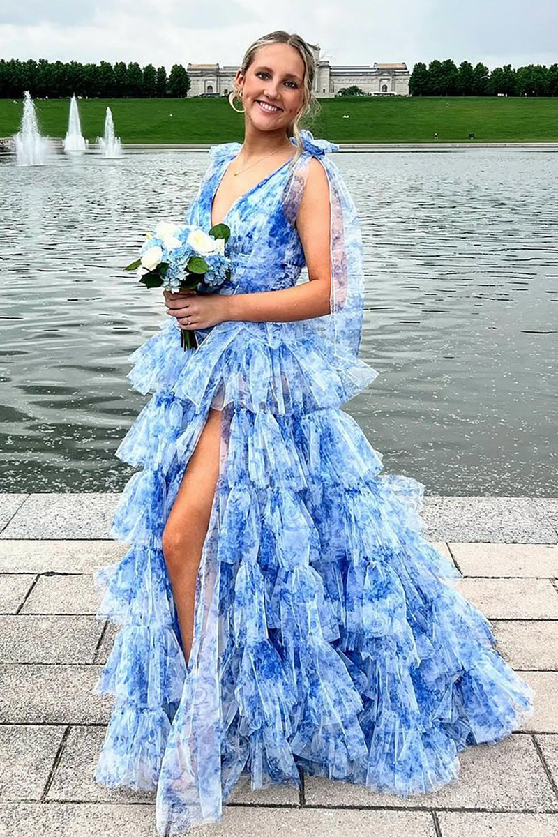 Load image into Gallery viewer, Floral Blue Tiered Tie Strap A-Line Long Prom Dress with Slit