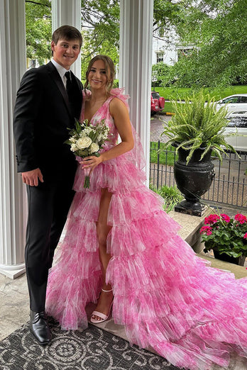 Floral Blue Tiered Tie Strap A-Line Long Prom Dress with Slit