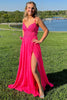 Load image into Gallery viewer, Fuchsia Floral Pleated A Line Corset Long Prom Dress with Slit