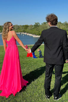 Fuchsia Floral Pleated A Line Corset Long Prom Dress with Slit