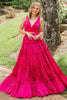 Load image into Gallery viewer, Fuchsia 2 Pieces A Line V-Neck Ruffled Long Prom Dress with Bowknot