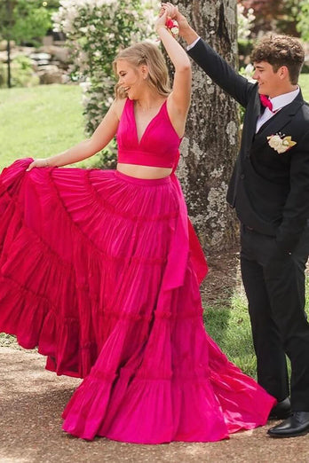 Fuchsia 2 Pieces A Line V-Neck Ruffled Long Prom Dress with Bowknot