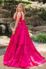 Load image into Gallery viewer, Fuchsia 2 Pieces A Line V-Neck Ruffled Long Prom Dress with Bowknot