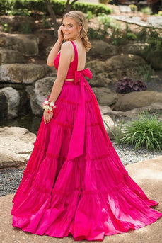 Fuchsia 2 Pieces A Line V-Neck Ruffled Long Prom Dress with Bowknot