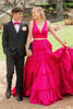 Load image into Gallery viewer, Fuchsia 2 Pieces A Line V-Neck Ruffled Long Prom Dress with Bowknot