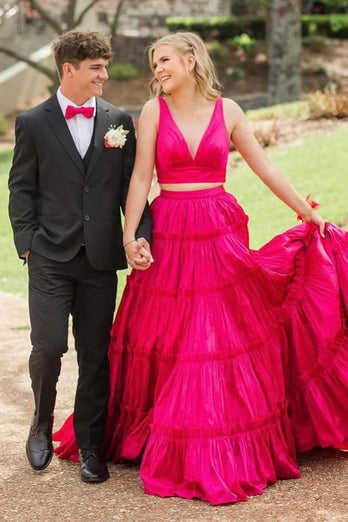 Fuchsia 2 Pieces A Line V-Neck Ruffled Long Prom Dress with Bowknot