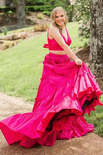 Fuchsia 2 Pieces A Line V-Neck Ruffled Long Prom Dress with Bowknot