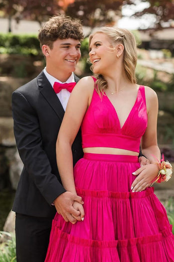 Fuchsia 2 Pieces A Line V-Neck Ruffled Long Prom Dress with Bowknot