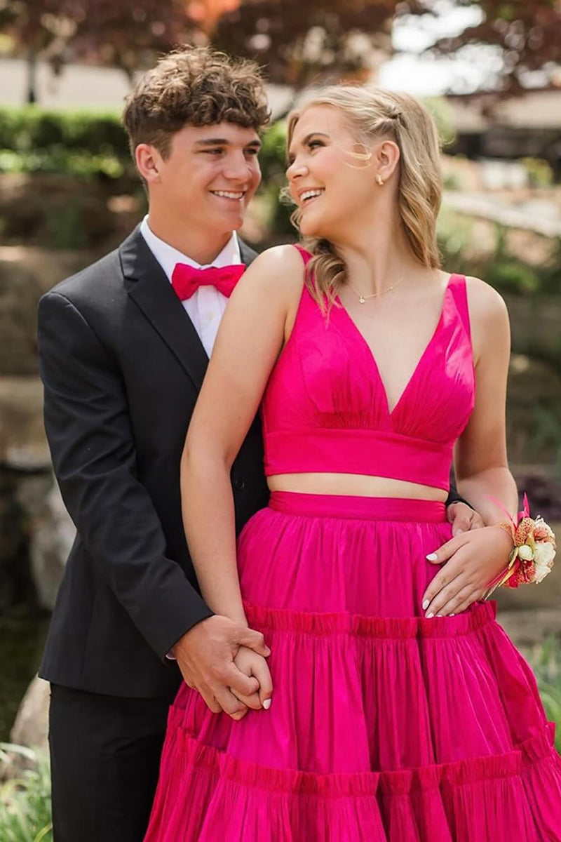 Load image into Gallery viewer, Fuchsia 2 Pieces A Line V-Neck Ruffled Long Prom Dress with Bowknot