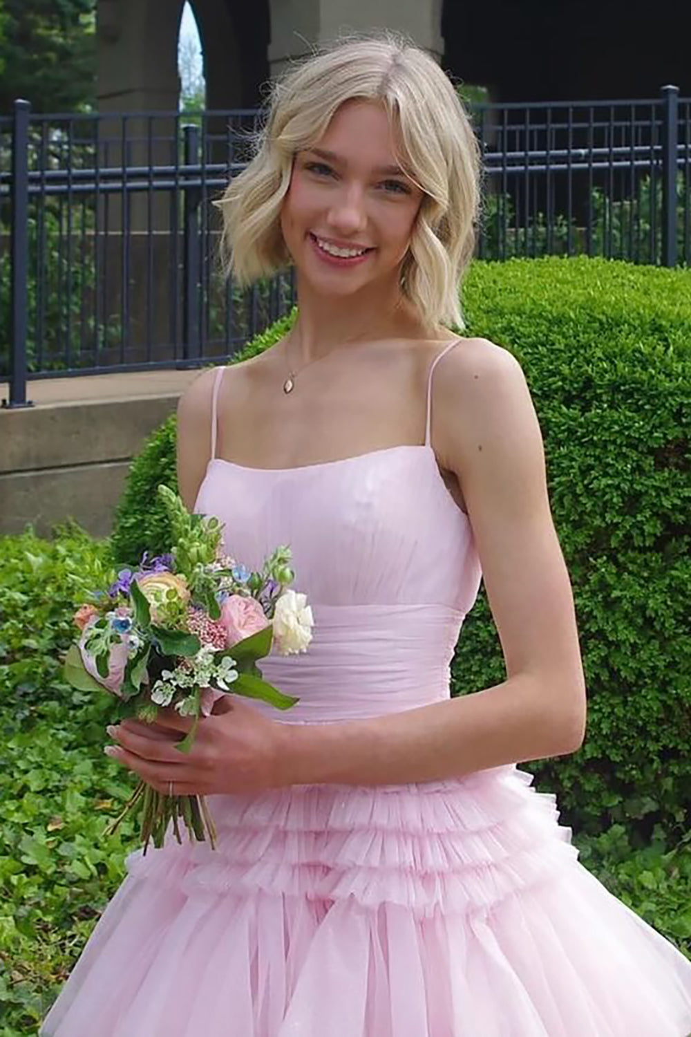 Princess Pink Spaghetti Straps Long Tiered Tulle Prom Dress