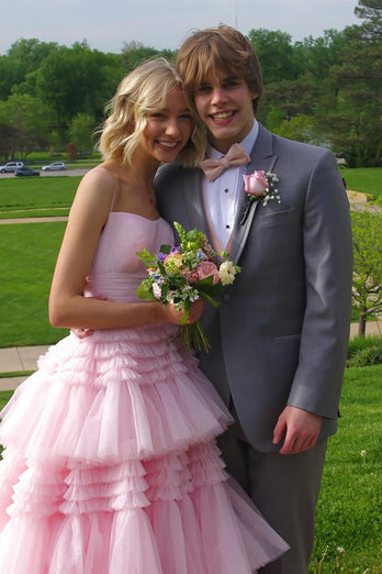 Princess Pink Spaghetti Straps Long Tiered Tulle Prom Dress