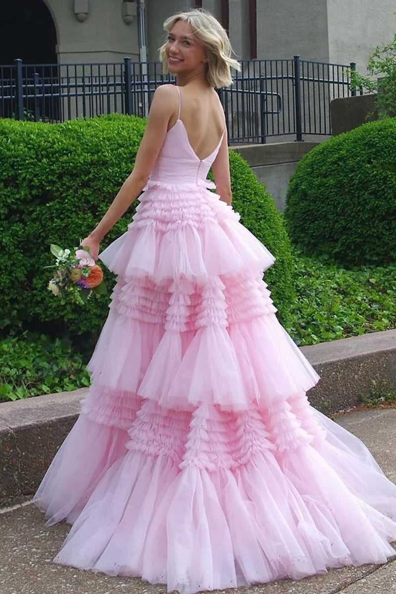 Load image into Gallery viewer, Princess Pink Spaghetti Straps Long Tiered Tulle Prom Dress