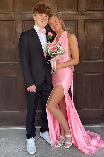 Pink Halter Mermaid Long Satin Prom Dress with Slit