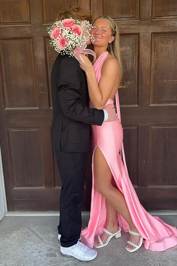 Pink Halter Mermaid Long Satin Prom Dress with Slit