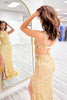 Load image into Gallery viewer, Gold Sparkly One Shoulder Sequins Long Prom Dress with Slit