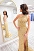 Load image into Gallery viewer, Gold Sparkly One Shoulder Sequins Long Prom Dress with Slit